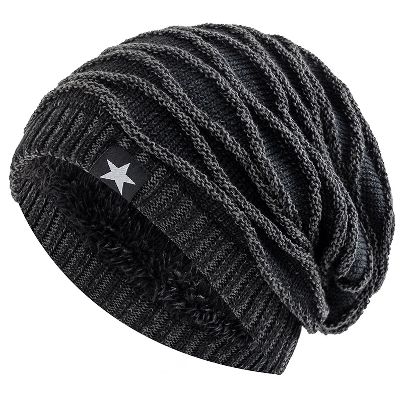 Slouchy Fur Lined Knit Beanie With Star Patch