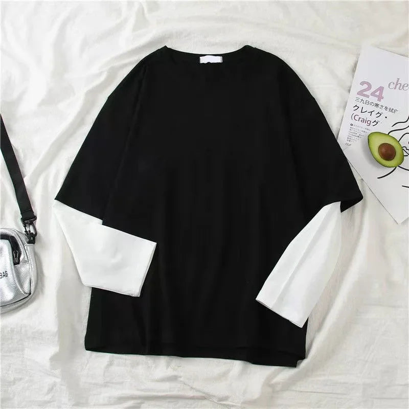 Double Layer Striped Long Sleeve Baggy T-shirt