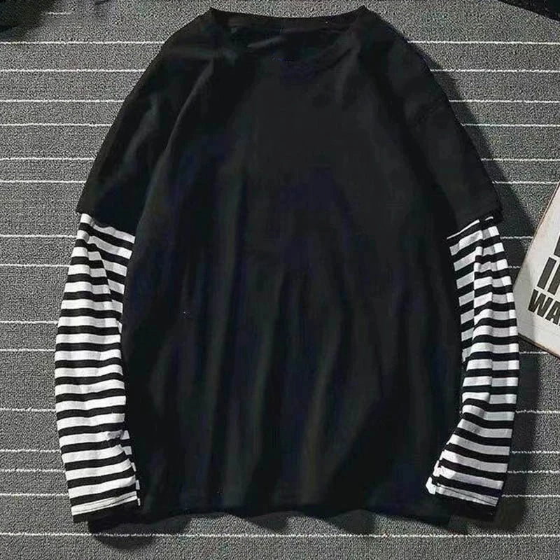 Double Layer Striped Long Sleeve Baggy T-shirt