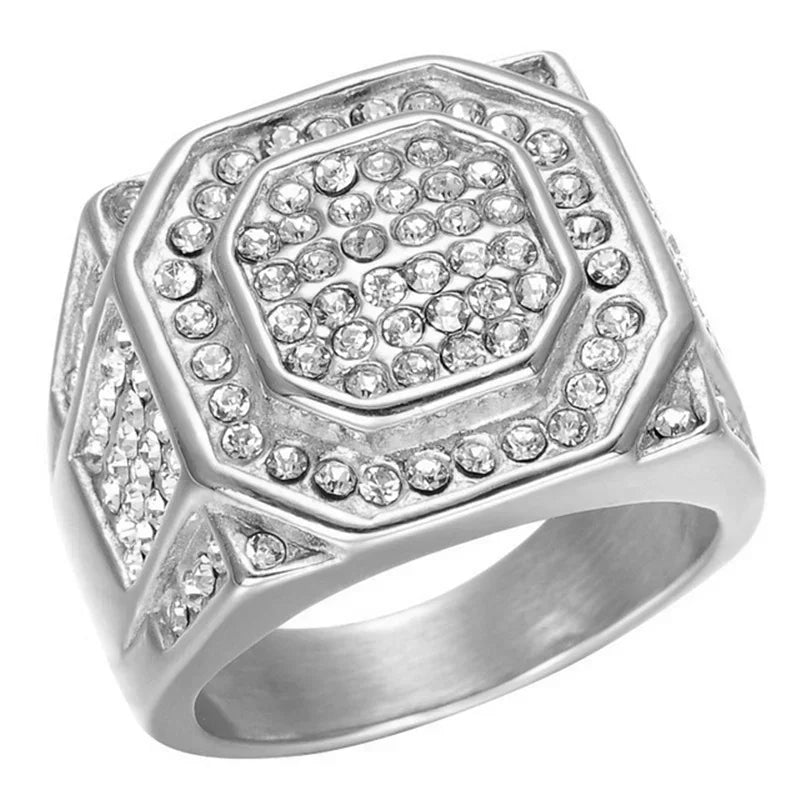 Diamond Encrusted Bling Ring Iced Out Chunky Hip Hop High-Shine