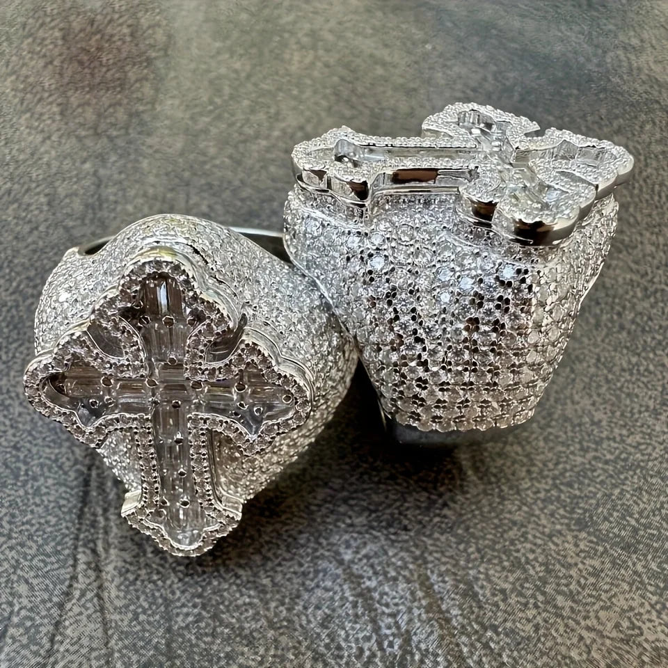 Bling Silver Cross Ring Sterling 925 Diamond Encrusted Iced Out Hip Hop Fashion Jewelry