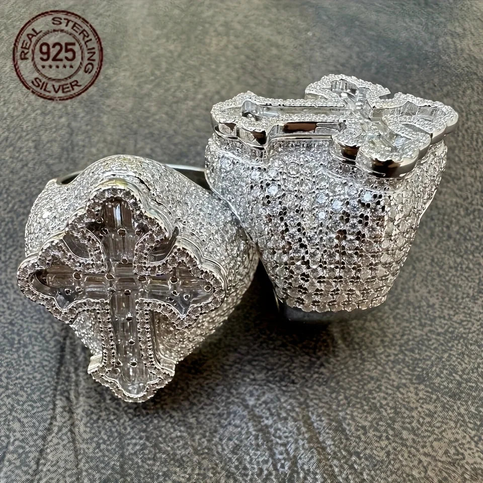 Bling Silver Cross Ring Sterling 925 Diamond Encrusted Iced Out Hip Hop Fashion Jewelry