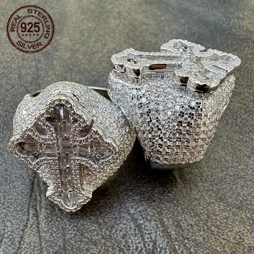 Bling Silver Cross Ring Sterling 925 Diamond Encrusted Iced Out Hip Hop Fashion Jewelry