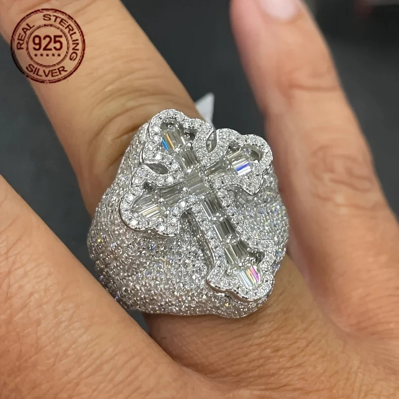 Bling Silver Cross Ring Sterling 925 Diamond Encrusted Iced Out Hip Hop Fashion Jewelry
