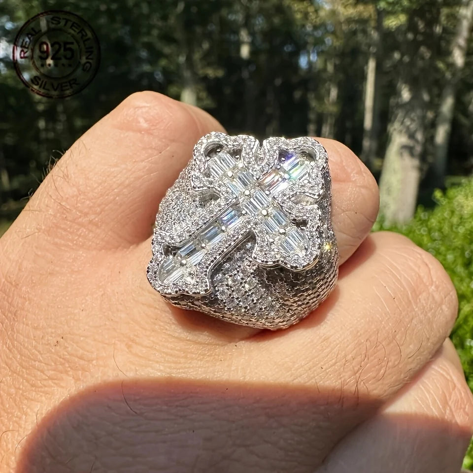 Bling Silver Cross Ring Sterling 925 Diamond Encrusted Iced Out Hip Hop Fashion Jewelry