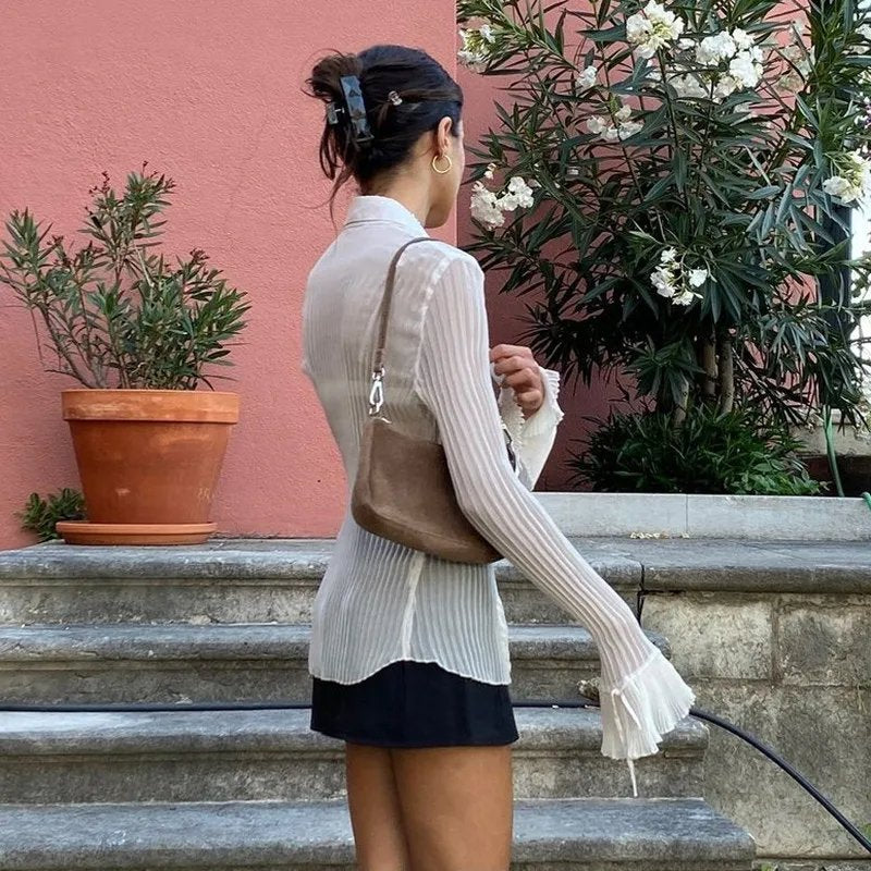 Sheer Top Flare Sleeve Blouse Vintage Gothic Design with French Lace Cuffs