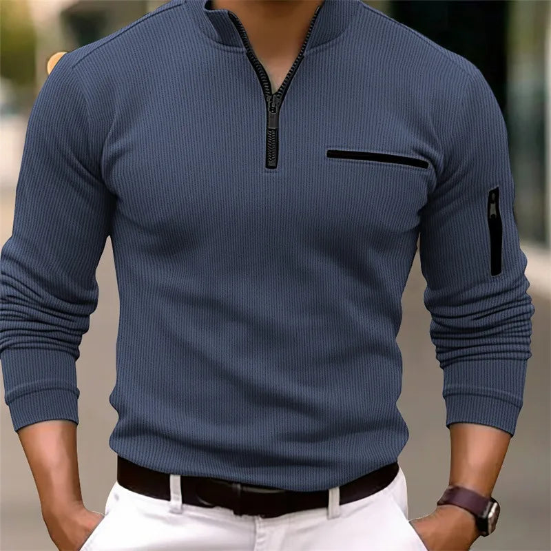 Quarter-Zip Pullover With Zipper Arm Long-Sleeve Polo Shirt