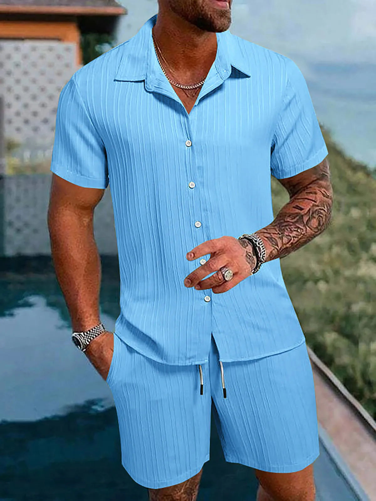 Men Casual Short Sleeve Shirt & Shorts 2pcs Combo Set Summer