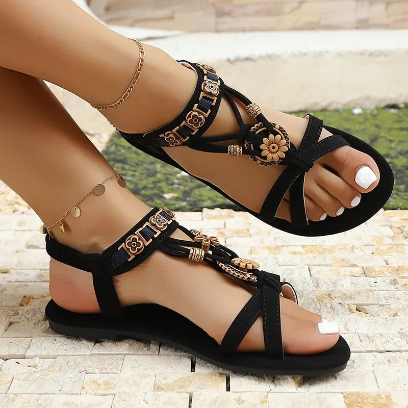 Bohemian Women's Flat Sandals Beaded Flowers