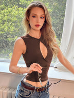 Round Neck Women's Keyhole Tank Top Sleeveless Slim Fit