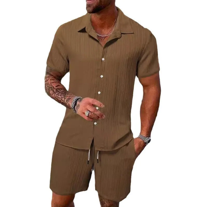 Men Casual Short Sleeve Shirt & Shorts 2pcs Combo Set Summer