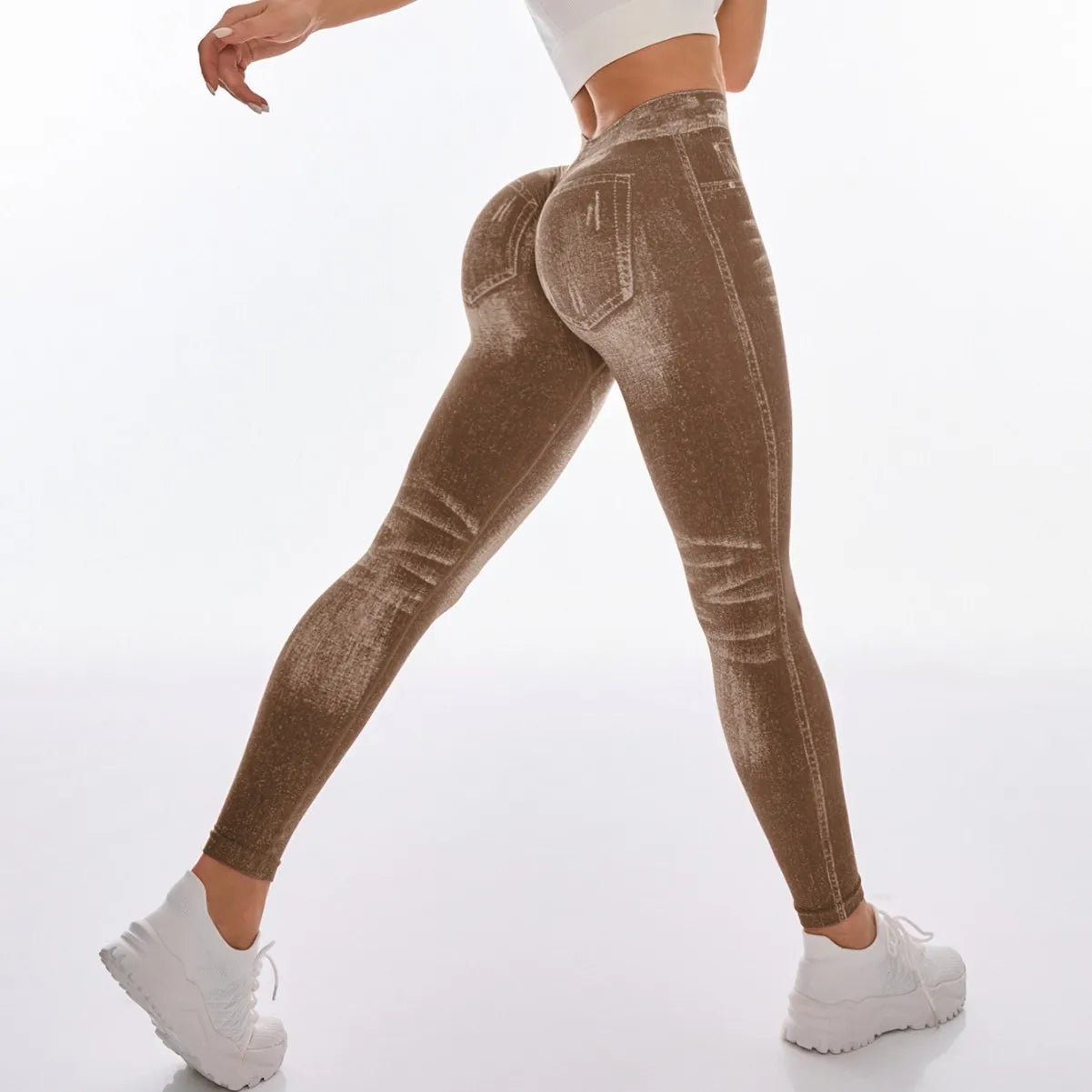 Women's Sport Yoga Leggings Faux Jeans Skinny Tight Seamless Fitness Pants