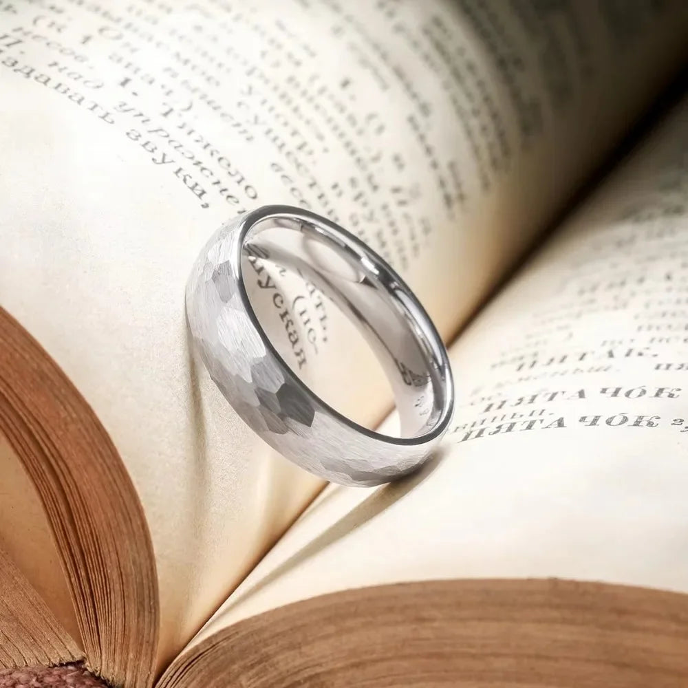 Brushed Stainless Steel Ring Hammered Design Unisex