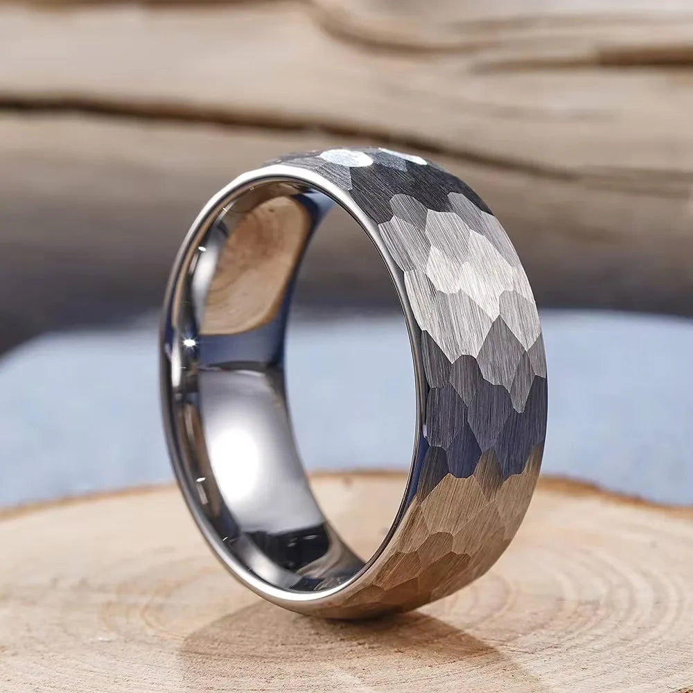 Brushed Stainless Steel Ring Hammered Design Unisex