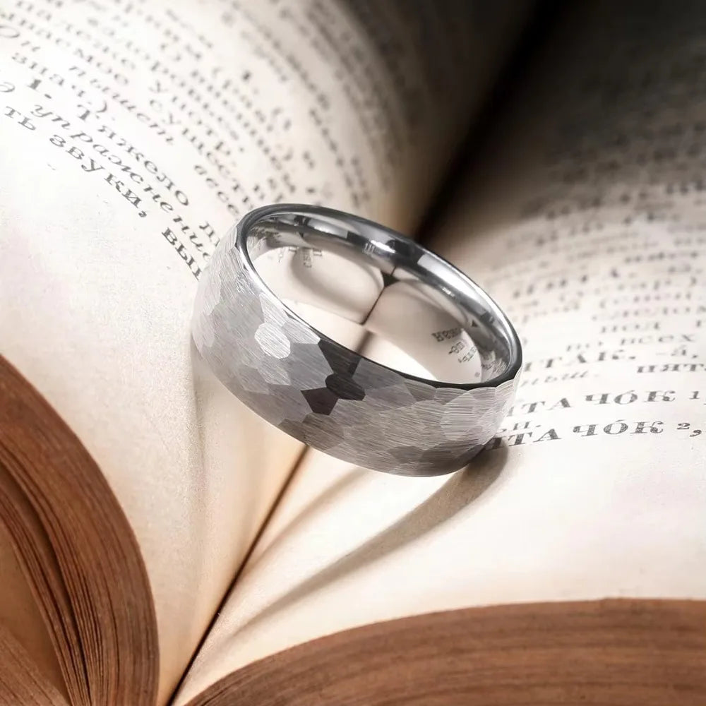 Brushed Stainless Steel Ring Hammered Design Unisex