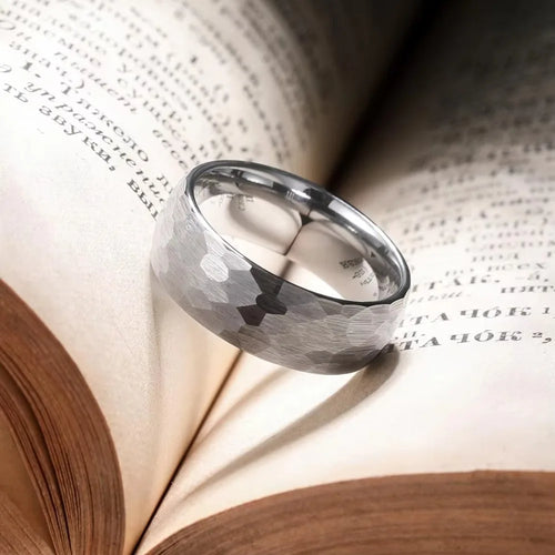 Brushed Stainless Steel Ring Hammered Design Unisex