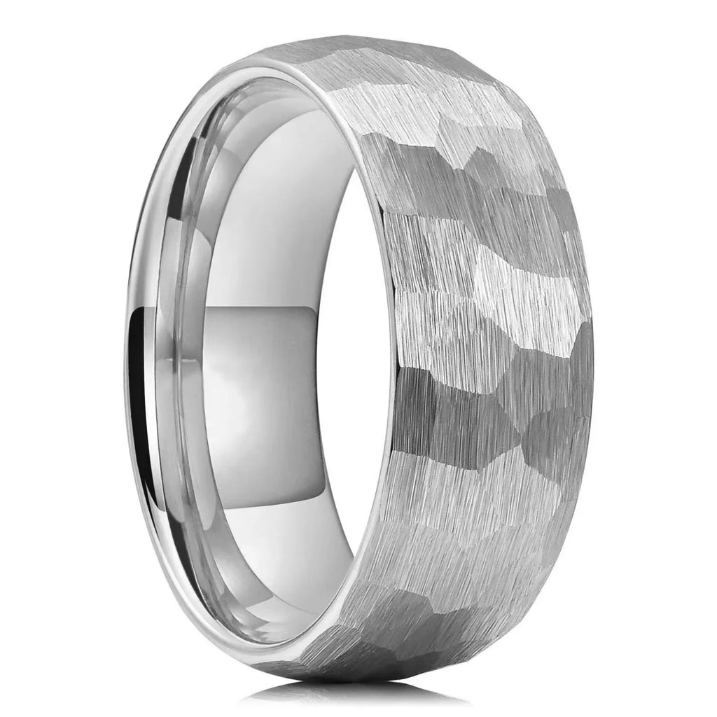 Brushed Stainless Steel Ring Hammered Design Unisex