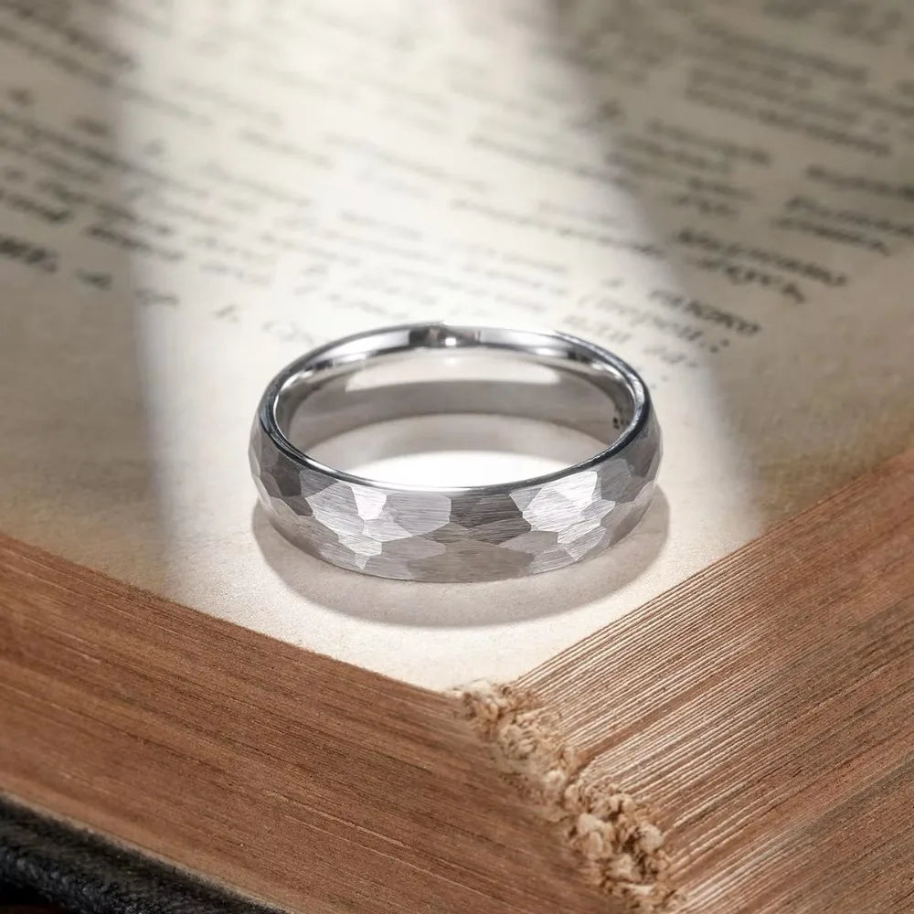 Brushed Stainless Steel Ring Hammered Design Unisex