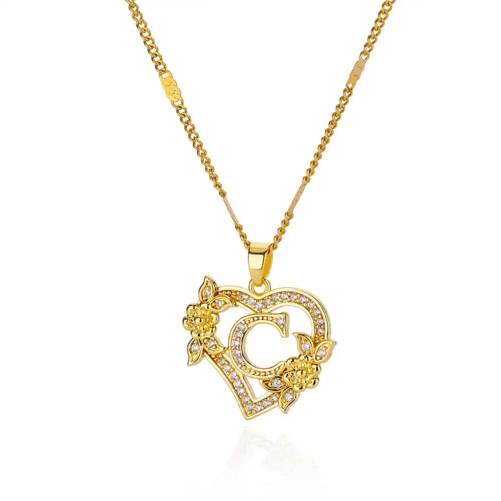 Initials Gold Necklace Zircon Flower Love Heart