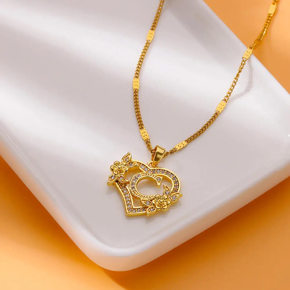 Initials Gold Necklace Zircon Flower Love Heart
