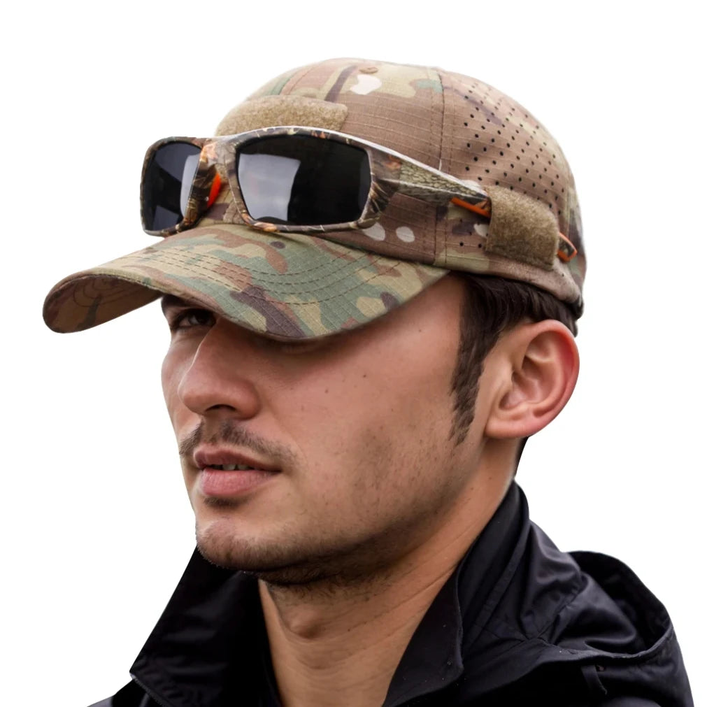 Camo Baseball Cap With Sunglasses Holder Velcro Outdoors