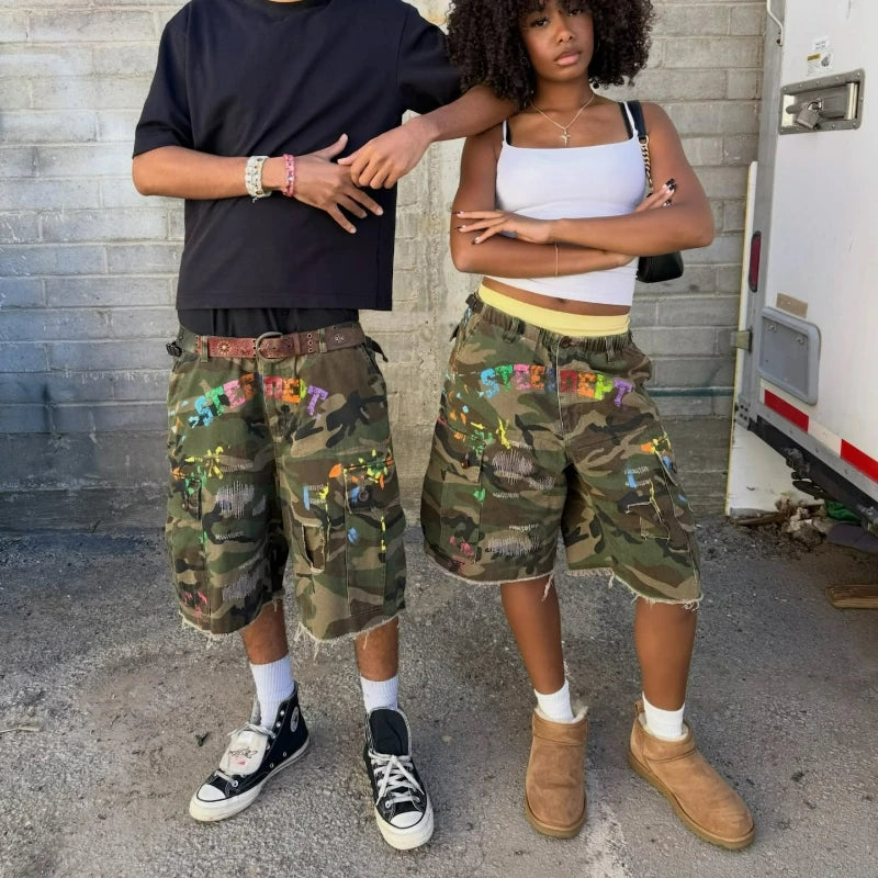 Camo Cargo Baggy Shorts Graffiti Patched Unisex