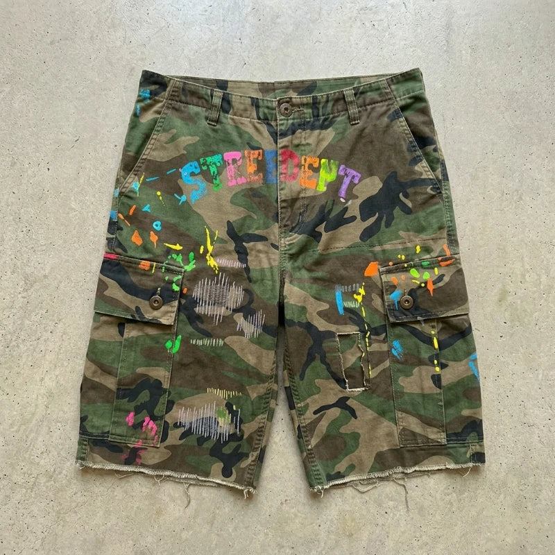 Camo Cargo Baggy Shorts Graffiti Patched Unisex
