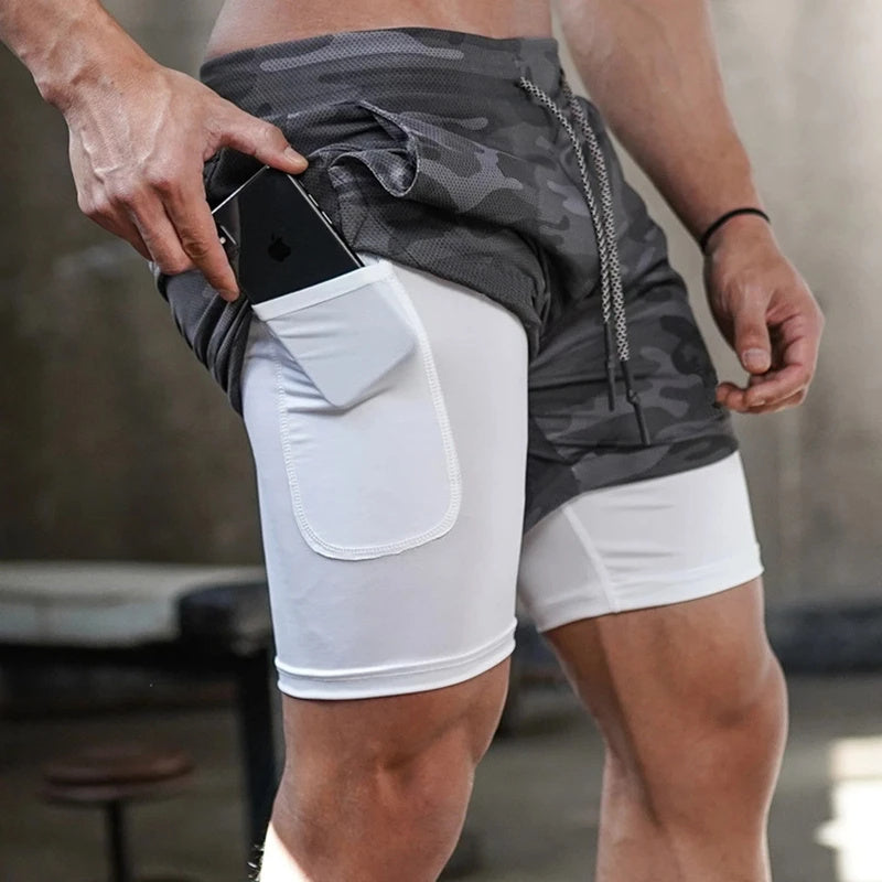Workout Sports Shorts 2-in-1 Gym Fitness Phone Pocket Towel Hoop