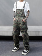 Person wearing camouflage overalls with a plain background