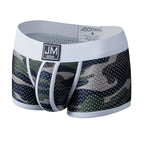 Camouflage-patterned boxer briefs with JM label on a white background