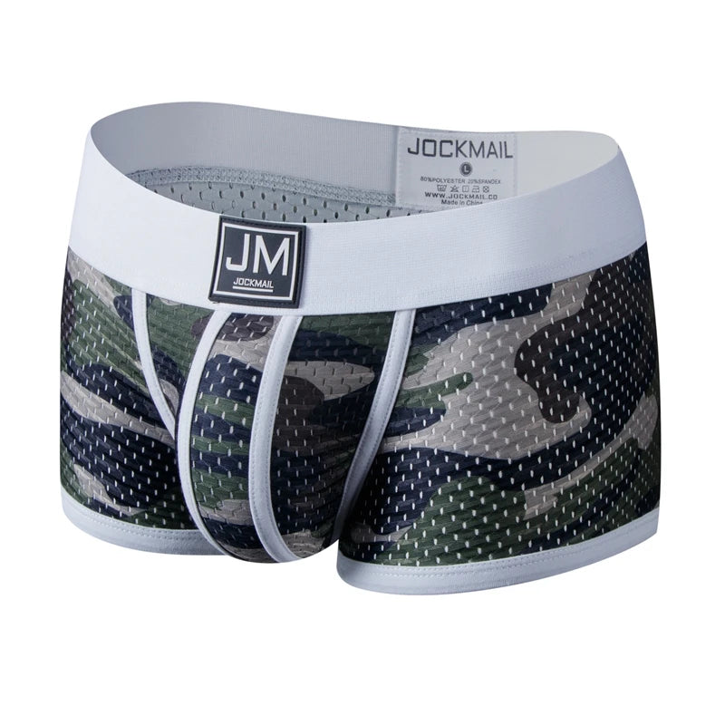 Camouflage-patterned boxer briefs with JM label on a white background