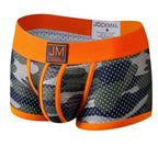 Camouflage-patterned boxer briefs with orange waistband and JM logo on a white background
