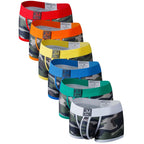 Set of colorful men's underwear with brand logo on a white background
