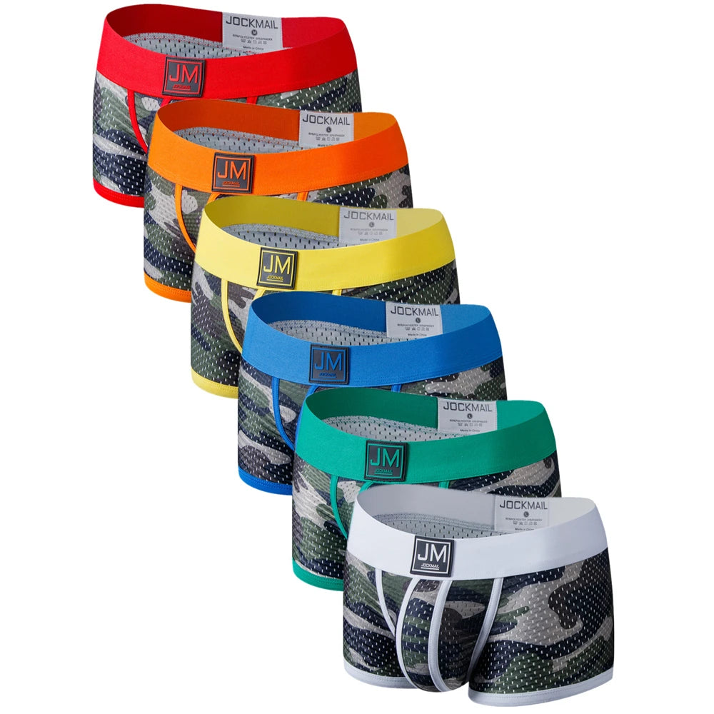 Set of colorful men's underwear with brand logo on a white background