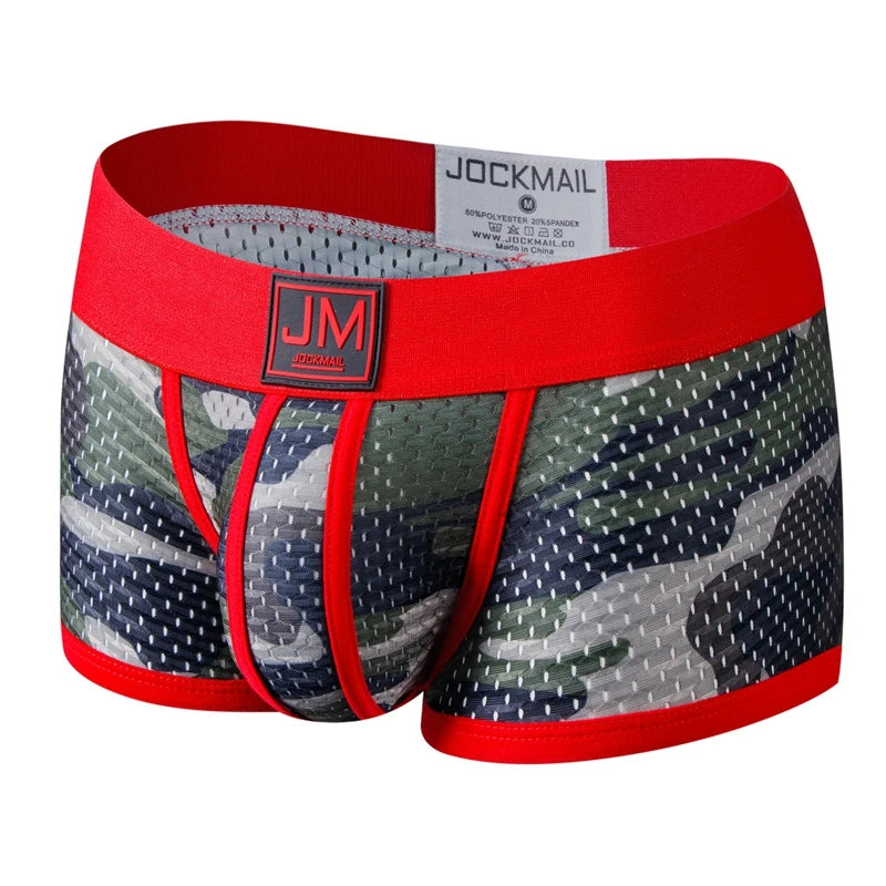 Camouflage-patterned underwear with red waistband and JM branding on a white background