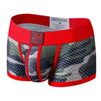 Camouflage-patterned underwear with red waistband and JM branding on a white background