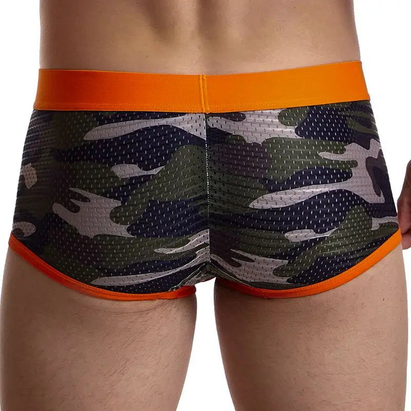 Camouflage-patterned underwear with orange waistband on a white background
