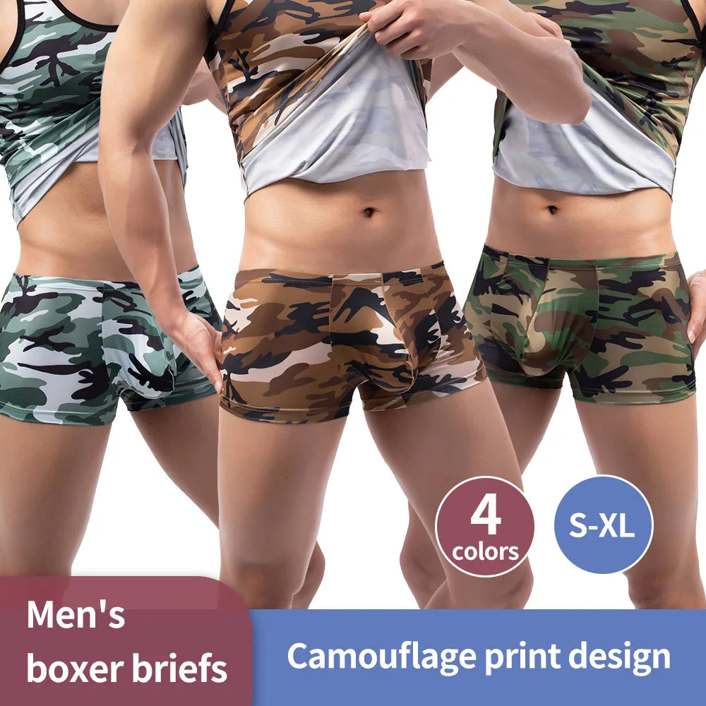 Three cropped male models wearing camouflage boxer briefs and matching camouflage sports tops against a white background, with text reading 'Men's boxer briefs', 'Camouflage print design', '4 colors', and 'S-XL'.