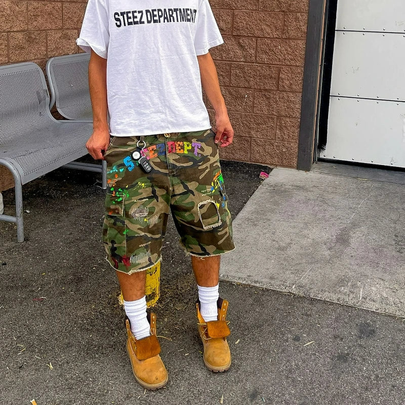 Camo Cargo Baggy Shorts Graffiti Patched Unisex