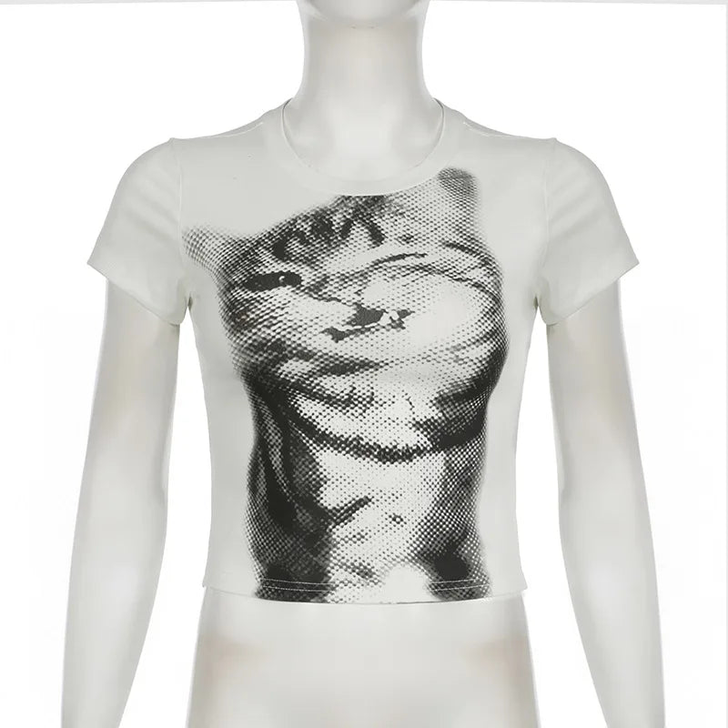 Vintage Wild Cat Pixel Print Crop Top T-shirt Women's