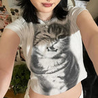 Vintage Wild Cat Pixel Print Crop Top T-shirt Women's