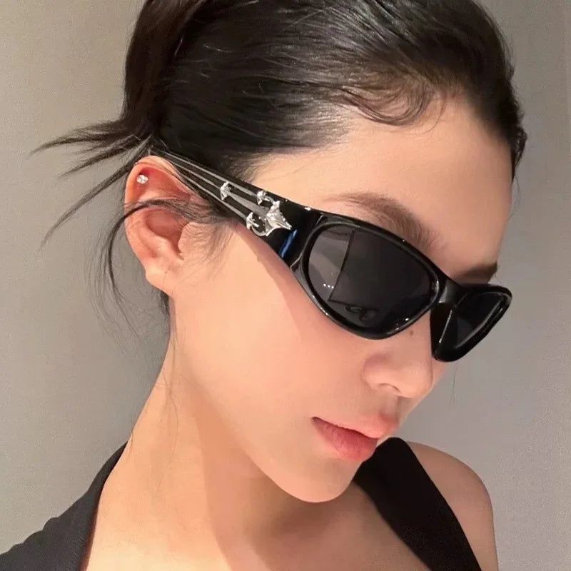 Cat Eye Sunglasses | Silver Star Temple Rivets Punk Hip Hop Shades