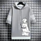 Gray hoodie with cartoon cat art designs on a grid background