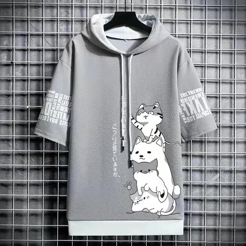 Gray hoodie with cartoon cat art designs on a grid background
