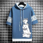 Blue hoodie with cartoon dog designs on a grid background