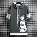 Gray hoodie with cat illustrations and text on a grid background
