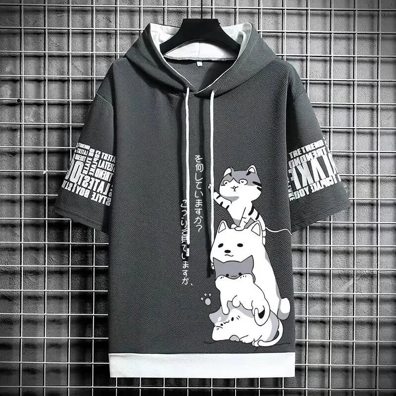 Gray hoodie with cat illustrations and text on a grid background