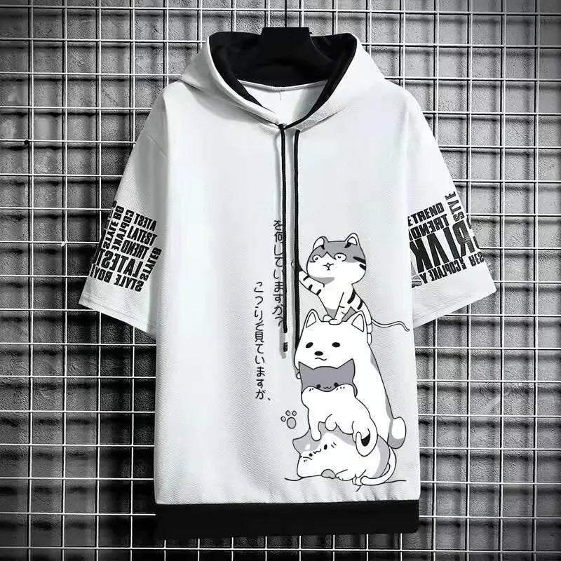 White hoodie with cat designs and text on a tiled wall background
