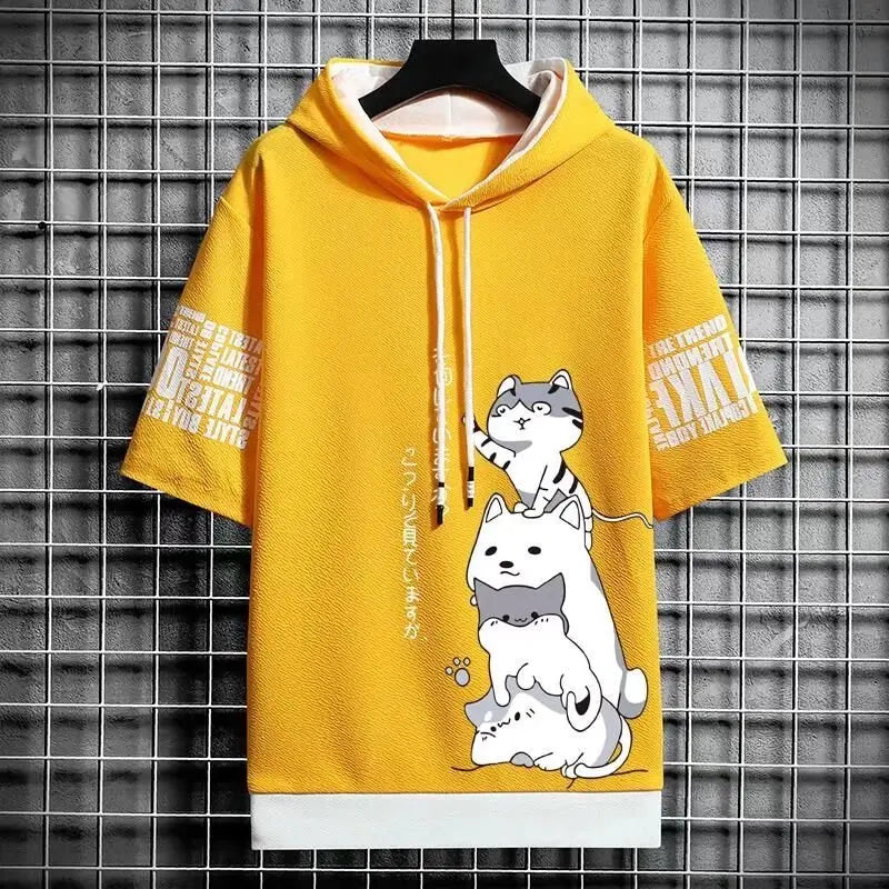 Yellow hoodie with cartoon cat designs on a grid background