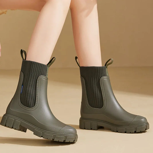 Chelsea Boots Pull-Up Rain Boots Mid-Calf Booties With Chunky Heels Women's-Keep Melbourne Marvellous Official Store